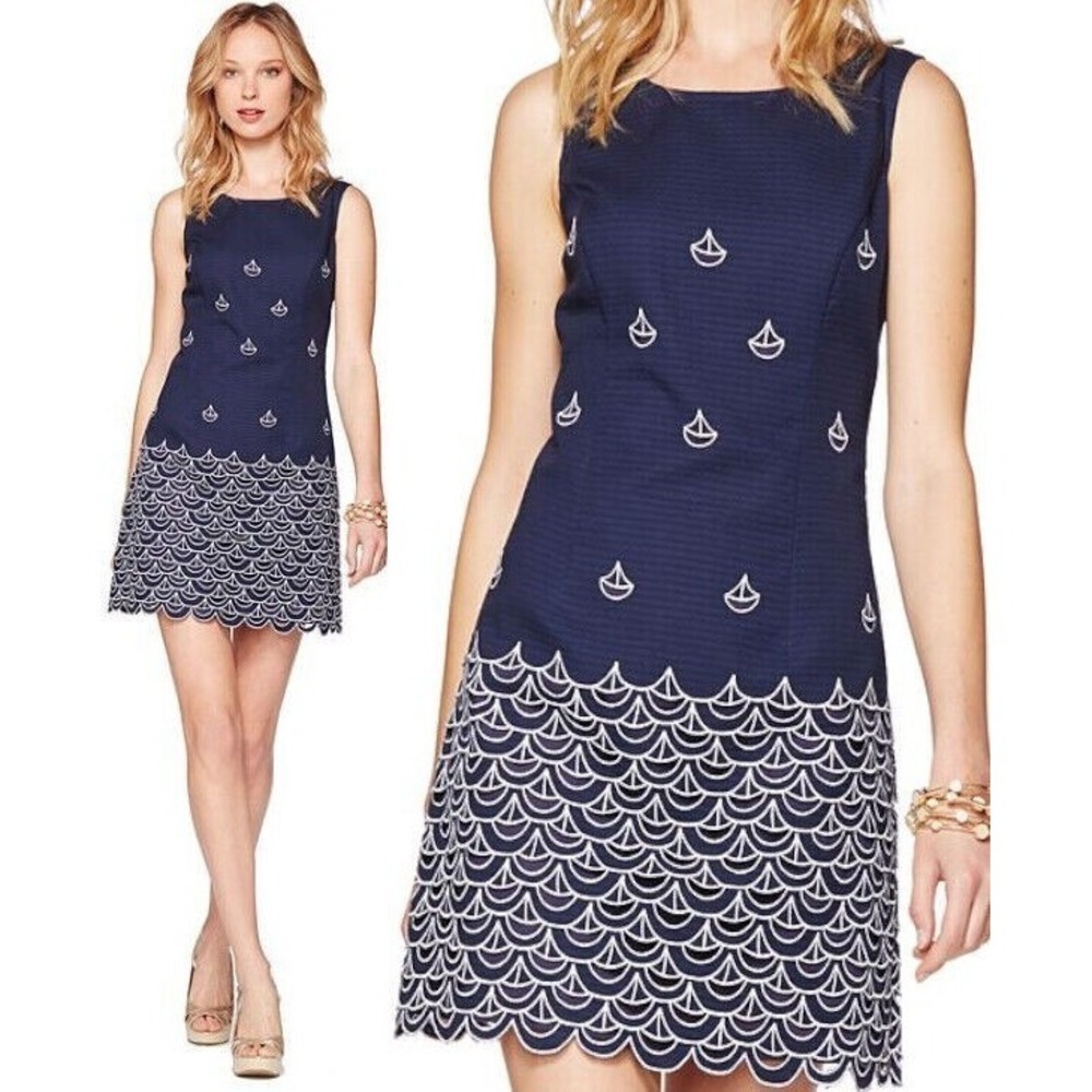 Lilly Pulitzer Clarita Shift Dress Navy‎ 0 Sailing Boat Embroidery Nautical
